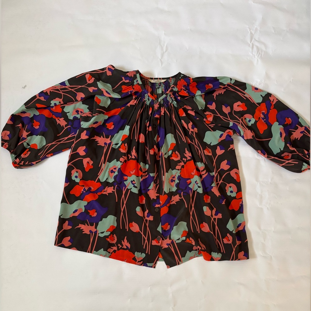 Tucker Classic Silk Floral Peasant Blouse - Charcoal, coral, Red, Purple